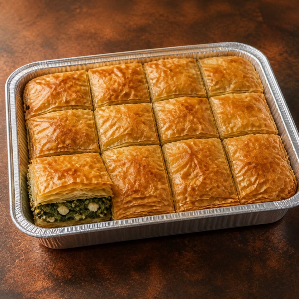 Tray of golden-brown layered pastries, including one cut piece revealing a green nut filling, on a dark wooden table.