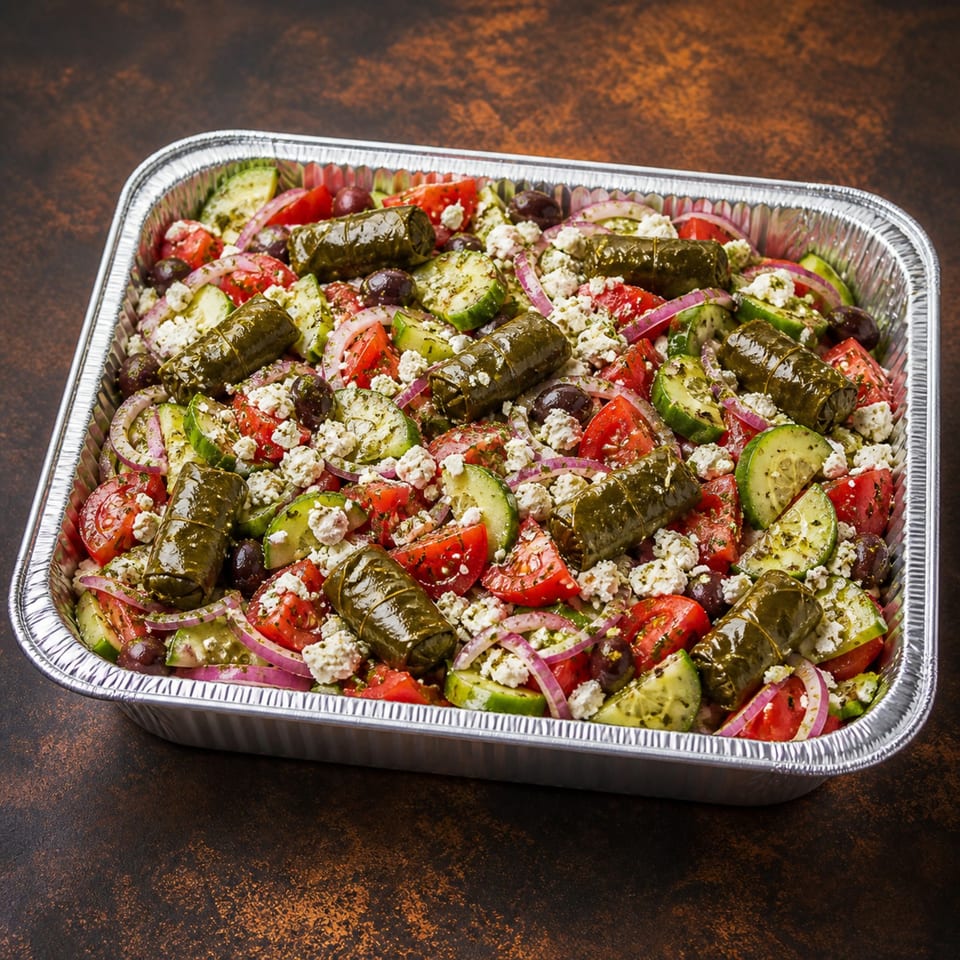 Greek salad with tomatoes, cucumbers, red onions, olives, feta cheese, and stuffed grape leaves in a foil catering tray.