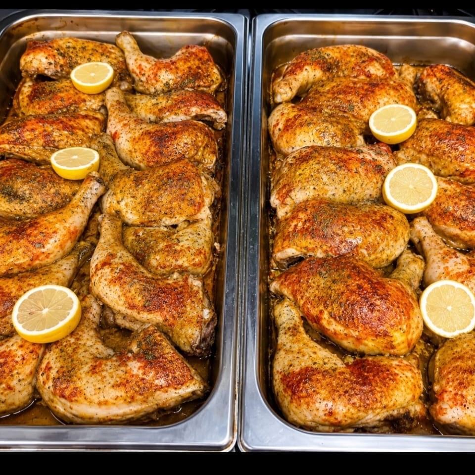 Two metal trays filled with seasoned roasted chicken pieces and lemon halves.