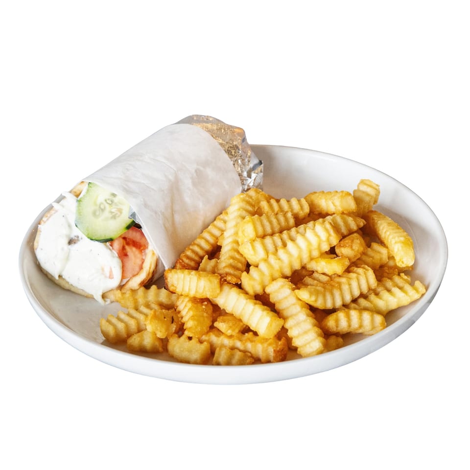 A Mediterranean gyro wrap with tzatziki, cucumber, and tomato, served with crinkle-cut fries.