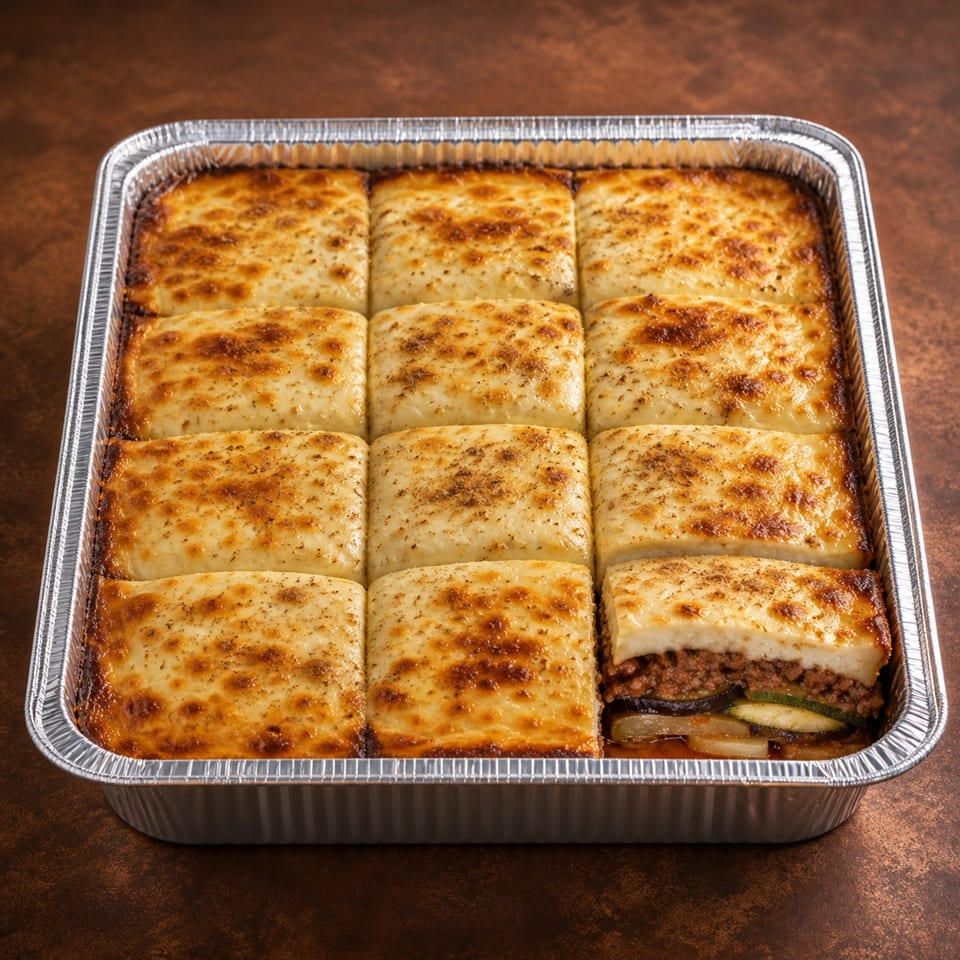 Tray of golden-brown baked sandwiches topped with herbs and cheese, with one opened to reveal meat and vegetables.