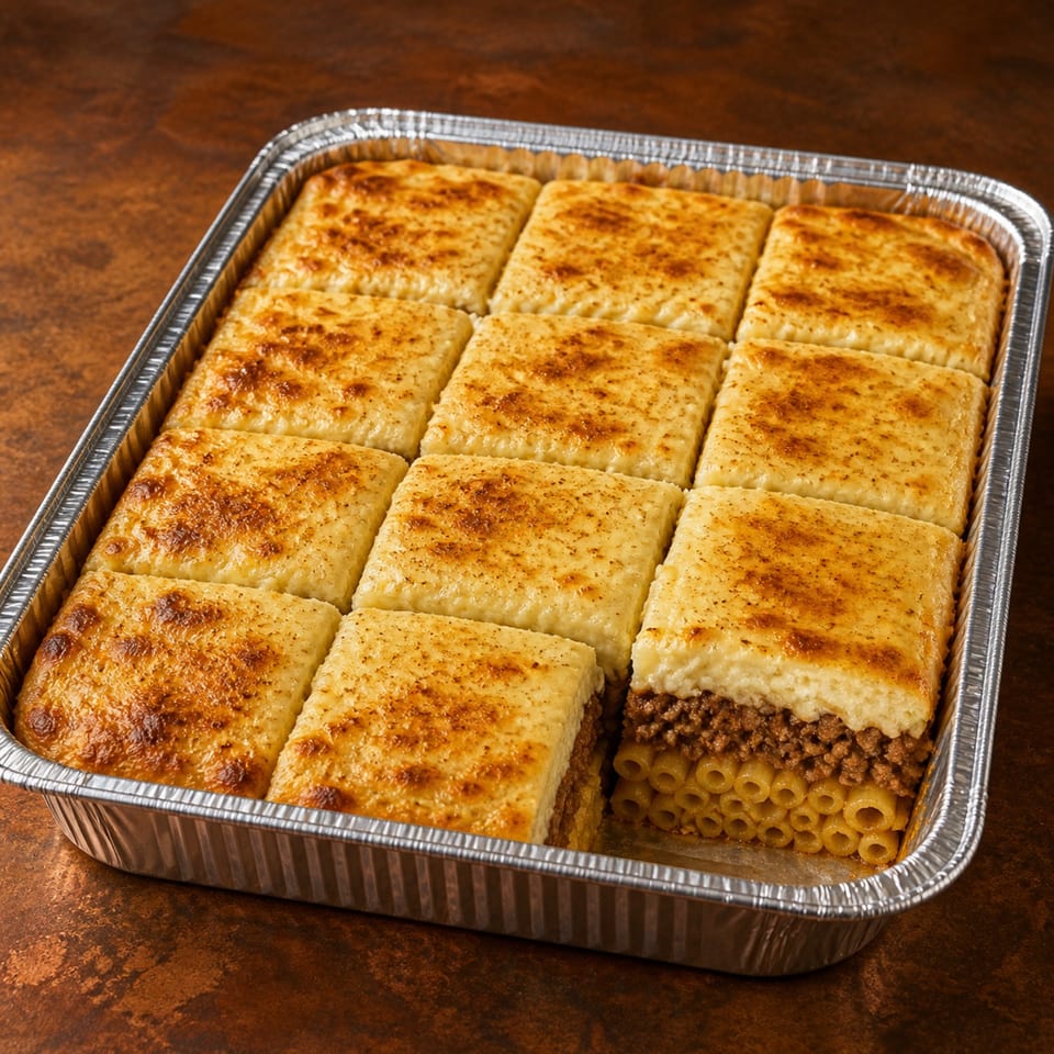 Aluminum tray of golden baked pasta squares, with one piece revealing macaroni and seasoned ground meat filling.